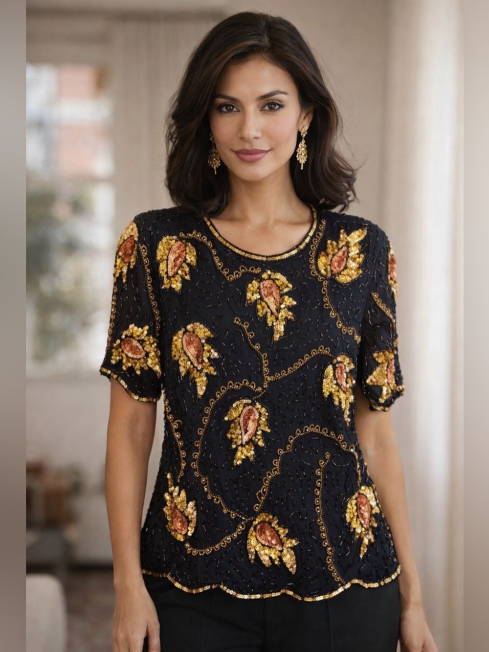 Vintage Stenay 100% Silk Beaded small 80s Floral Sequin Top women’s boho Elegant